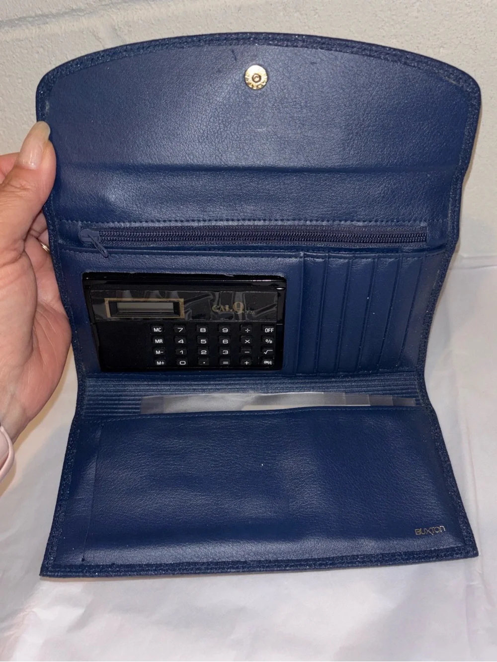 Vintage Buxton Checkbook calculator organizer wallet blue textured leather